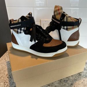 Burberry leather and suede high top sneakers in optic white/ camel